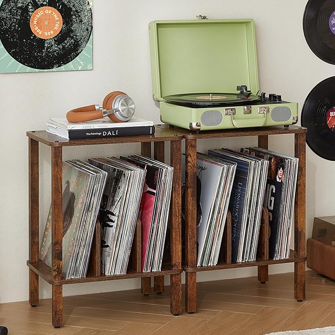 LELELINKY 2-Tier Bamboo Record Player Stand Set of 2 with Vinyl Record Storage up to 100 Albums, Boho Bedroom Record Holder and Multi-Functional End Table for Living Room, Brown