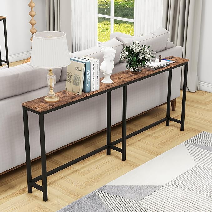 HOMERECOMMEND 70.8 Inch Console Table with USB Ports, Sofa Table with Charging Station, Narrow Entryway Table, Skinny Hallway Table,Rustic Brown