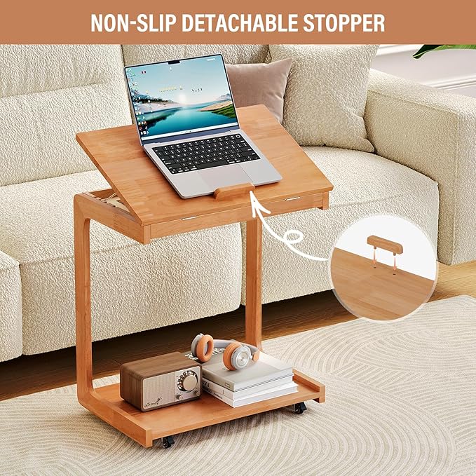 CozyDH Adjustable C Shaped End Table, Rolling Side Table Solid Wood TV Sofa Tray Table for Couch Arm Eating Multi-Purpose, Small Coffee Table with Wheels Living Room Bedroom, Cherry