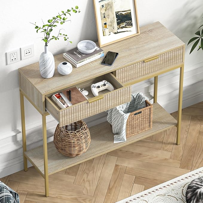 Anmytek Console Table with Storage, Wood Entryway Table with 2 Drawers, Narrow Long Sofa Table Hallway Foyer Table with Storage Shelves Behind Couch Table for Living Room, H0117