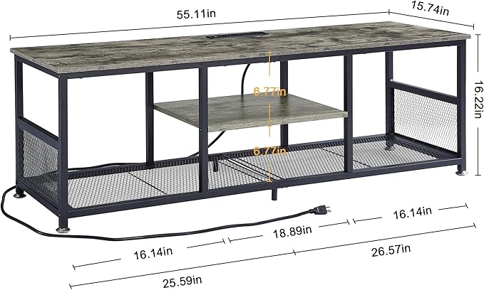 VECELO TV Stand with Power Outlets for Televisions up to 65Inch, 55" Media Entertainment Center with Charging Station 3-Tier Open Storage Shelves with Metal Frame for Living Room/Bedroom，Grey