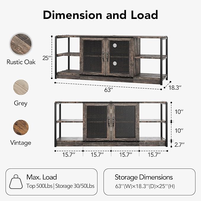 GarveeHome Farmhouse TV Stand for 65/75 inch TV, Entertainment Center with Storage Cabinet, Industrial TV Console Cabinet with Mesh Doors, 63" Rustic TV Media Console Table for Living Room, Oak
