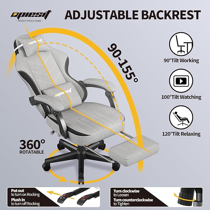 Gaming Chair,Fabric Computer Chair with Pocket Spring Cushion,400 lb Load Capacity,Ergonomic Office Chair with Footrest,Height Adjustable Video Gamer Chair with Lumbar Support (Grey)
