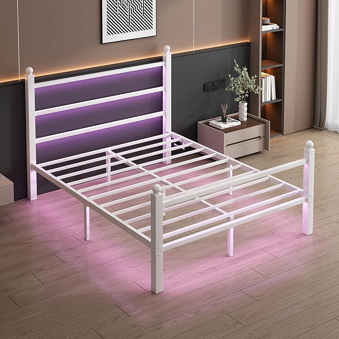 Queen Bed Frame with Headboard and Footboard,Steel Slats Support-LED Bed Frame with USB Charging Station,Mattress Foundation-Under Bed Storage,No Box Spring Needed,Noise Free,White