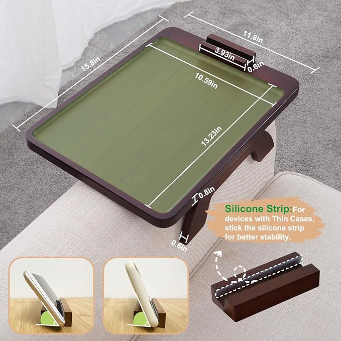 SINWANT Couch Armrest Table, Large Bamboo Couch Arm Table 360° Phone Holder,Foldable Sofa Arm Tray for Eating Drinking Snacks Remote on Chair Armrest