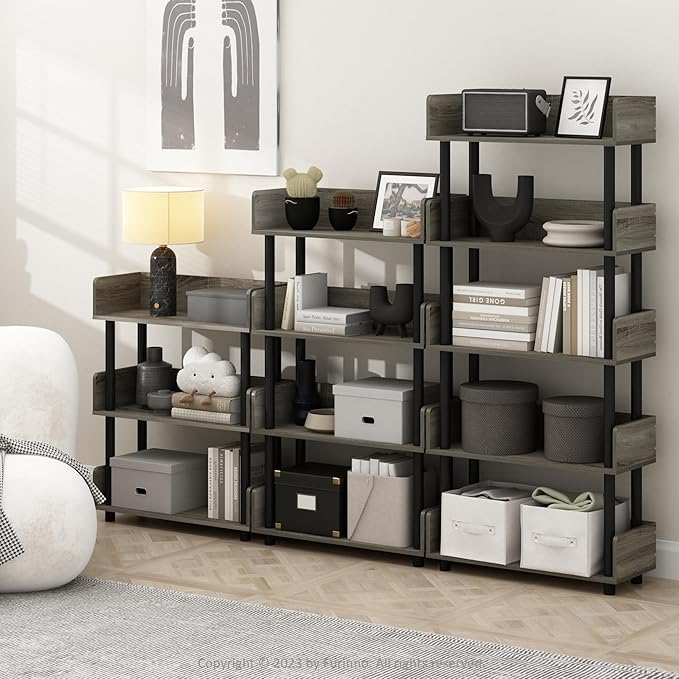Furinno Turn-N-Tube 3-Tier Multipurposes Display Rack, Open Shelf Rack/Storage with Back & Side Panel, French Oak/Black