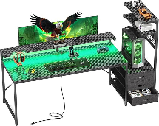 PRAISUN 68" Gaming Desk with LED Lights & Outlets, Computer Desk with 3 Fabric Drawers, PC Desk with PC Case Stand & Movable Storage Shelves, Monitor Stand, Reversible, Carbon Fiber Black