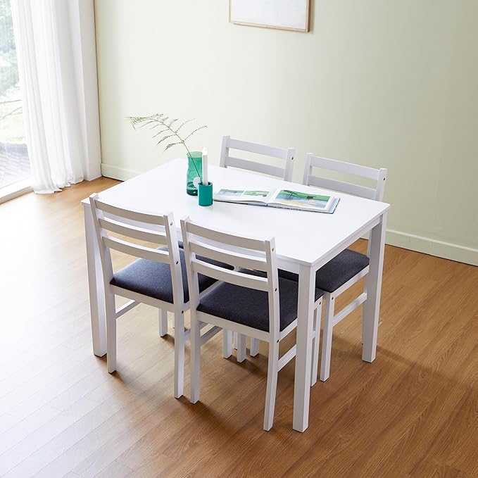 Livinia Seattle 5-Piece Wooden Dining Table Set for 4, Modern Farmhouse Kitchen Dining Room Set with Solid Wood Ladder Back Chairs for Small Space (White)