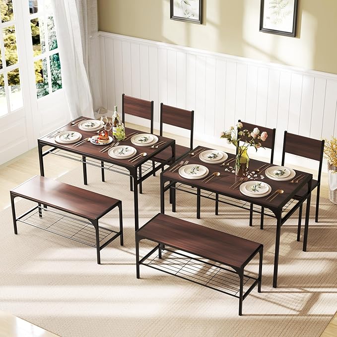 Giantex Dining Table Set for 4, Kitchen Table with Chairs & Bench, Storage Racks, Metal Frame, 4-Piece Space-Saving Dinette Set for Dining Room, Breakfast Nook, Small Space, Apartment, Walnut