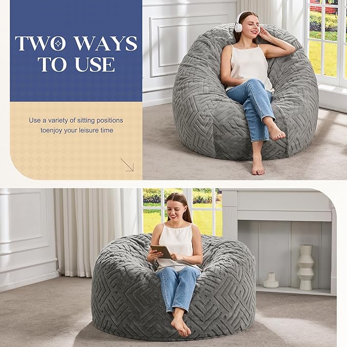 Hobestluk Bean Bag Chairs Adults Beanbag Chair with Filler Large Bean Bags with Fluffy Embossed Cover, Giant Bean Bag Chairs for Adults (Grey, 4FT - 44” x 44” x 24”)