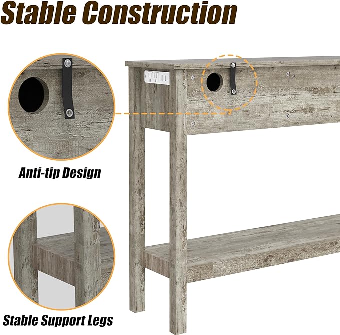 Entryway Table, Rattan Console Table with 3 Storage Drawers and Storage Shelf, Sofa Table with Socket, for Entryway, Living Room, Behind Couch and Hallway (Grey)