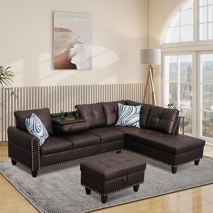 L Shaped Modular Sectional Sofa with Reversible Chaise Lounge, 5-Seater Corner Couch, PU Leather Convertible Sofá w/Movable Ottoman, Cup Holders, 2 Pillows and Rivet Ornament for Living Room