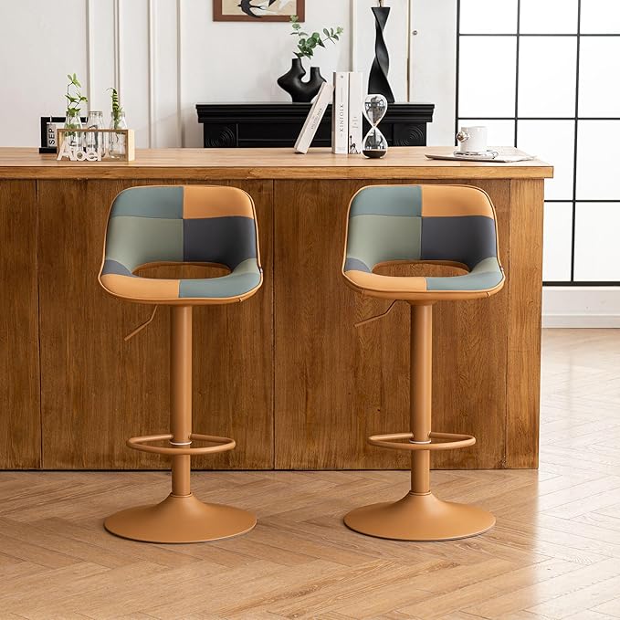 YOUNIKE Bar Stools Set of 2, Boho Colorful Patchwork Barstools, Adjustable Swivel Counter Height Bar Stool Faux Leather Upholstered Barstool with Back, Compact Bar Chair for Kitchen Island, TanGreen
