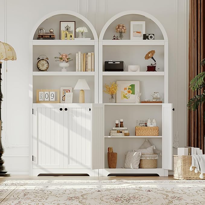 GAOMON 72'' Tall Arched Cabinet, 5 Tier Arched Bookshelf with Double Doors & Adjustable Shelf, Wooden Bookcase with Storage for Living Room, Bedroom, Study, Kitchen, Home Office, White