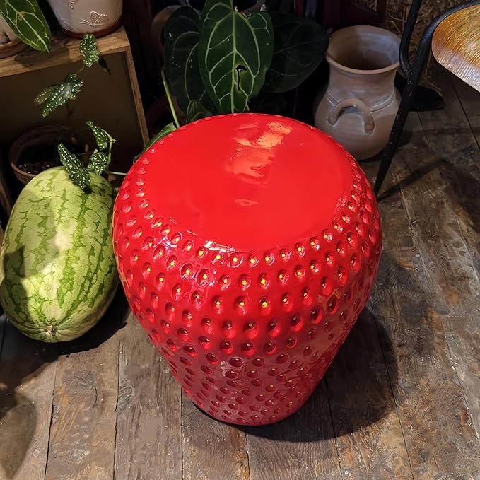 18" Red Strawberry Stool Statue Fruit-Inspired Side Table Indoor Outdoor Accent Seat Plant Stand MGO Garden Stool for Patio Balcony or Living Room Decor