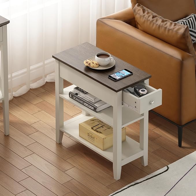 ChooChoo Side Table Living Room, Narrow End Table with Drawer and Shelf, 3-Tier Sofa End Table for Small Space, White and Brown