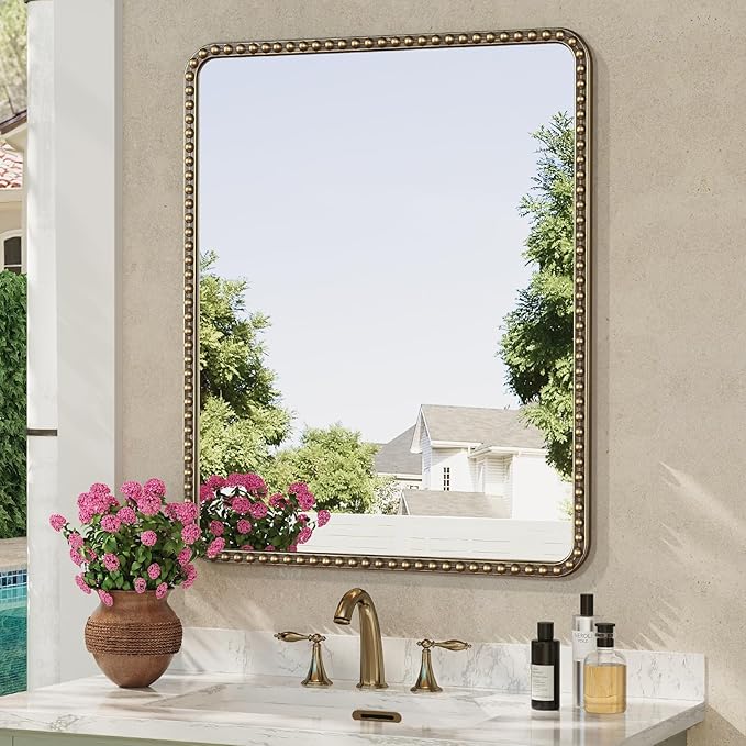 30"x36" Antique Brass Mirror with Beaded Frame for Bathroom, Champagne Bronze Mirrors for Bathroom, Antique Brass Metal Frame Wall Mirrors, Gold Beaded Mirror for Vanity Ornate Bedroom