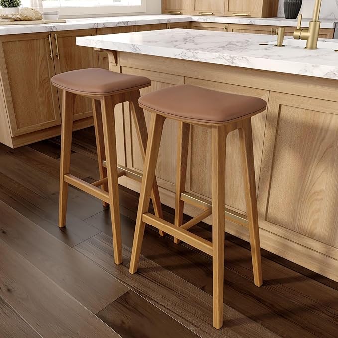Plank+Beam Beryl Bar Height Stool - Mid-Century Modern Rubberwood Bar Stool with Faux Leather Seat, Metal Footrest, Easy Assembly, 4-Pack, Pecan/Toffee