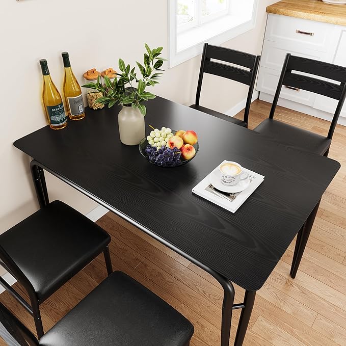5 Piece Dining Table Set for 4, Compact Square Table Chairs, Sturdy MDF Top, Metal Frame, Space-Saving Breakfast Set for Kitchen, Apartment, Office, Easy Assembly Wipe-Clean