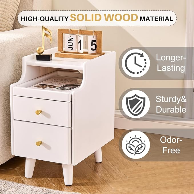 Uniclinens White Narrow Nightstand with Drawers, Small Slim Solid Wood Bedside Table for Bedroom, Modern End/Side for Living Room