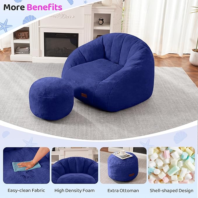 HABUTWAY Bean Bag Chair, Giant Bean Bag Chairs for Adults with Ottoman, Comfy Faux Fur Shell-Shaped Bean Bag Couch, Sofa Chair for Living Room, Bedroom, Navy Blue