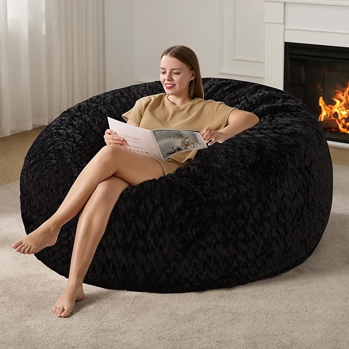 Hobestluk 5ft Bean Bag Chairs for Adults Large Beanbag Chair with Chevron Plush Fur Cover Big Bean Bag Chair for Living Room Bedroom Dorm Office - Black (50” x 50” x 24”)