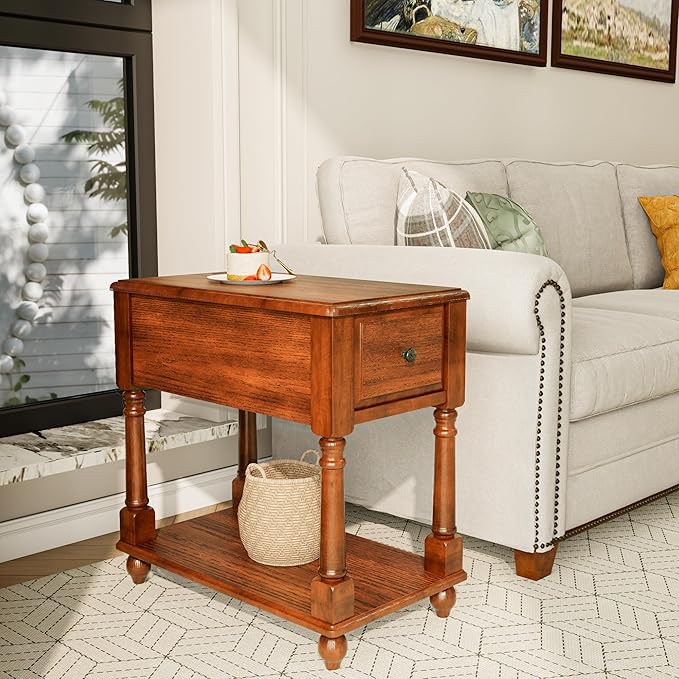 LEEMTORIG Set of 2 Solid Wood End Table Narrow Side Table with Drawer, Cherry Wood End Table Living Room, 13" W Slim Bedside Table, 22" D x 22.3" H, No-Tools Assembly, Beeswax Brown BBJ-004-DR