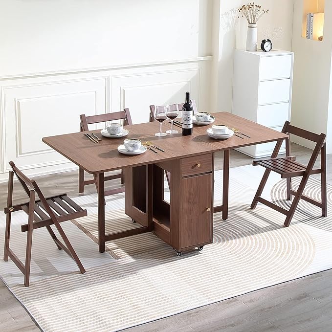 Walnut Drop Leaf Folding Dining Table with 2 Drawers and 4 Wheels, Wooden Padded Chairs Set of 2, Space Saving Dining Table with 2 Chairs