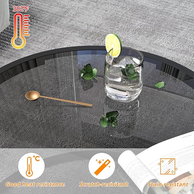 Glass Coffee Table Modern Center Table,Minimalist Round Coffee Tea Table,Tempered Glass-top with Sturdy Metal Frame for Living Room Bedroom Office and Small Space, 27 x 27 x 17 Inch,Gray Black