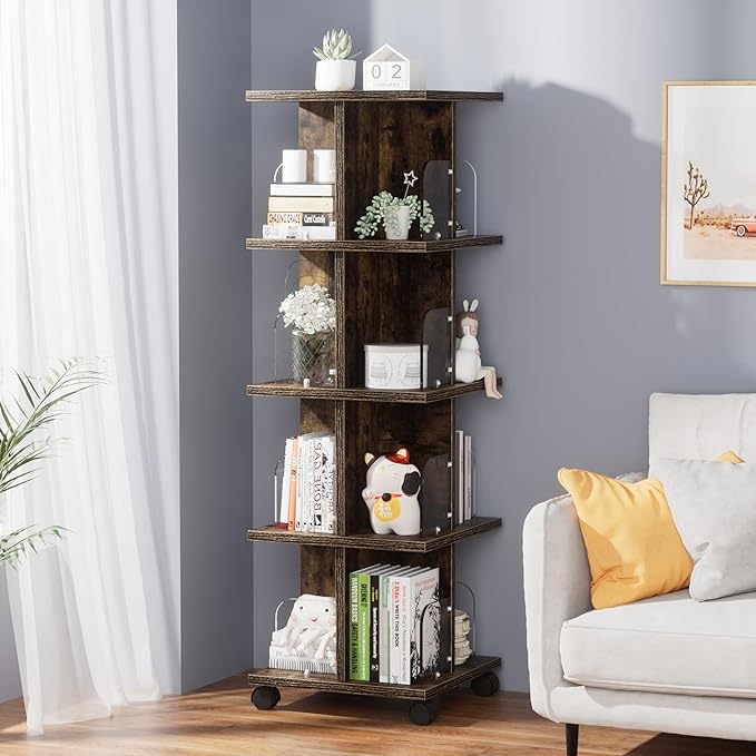 VECELO 4-Tier Rotating Bookshelf, Modern Swivel Bookcase for 360°Display,Stackable Square Book Shelves Floor-Standing Storage for Home Office, Solid Wood, Smooth Spinning, Brown