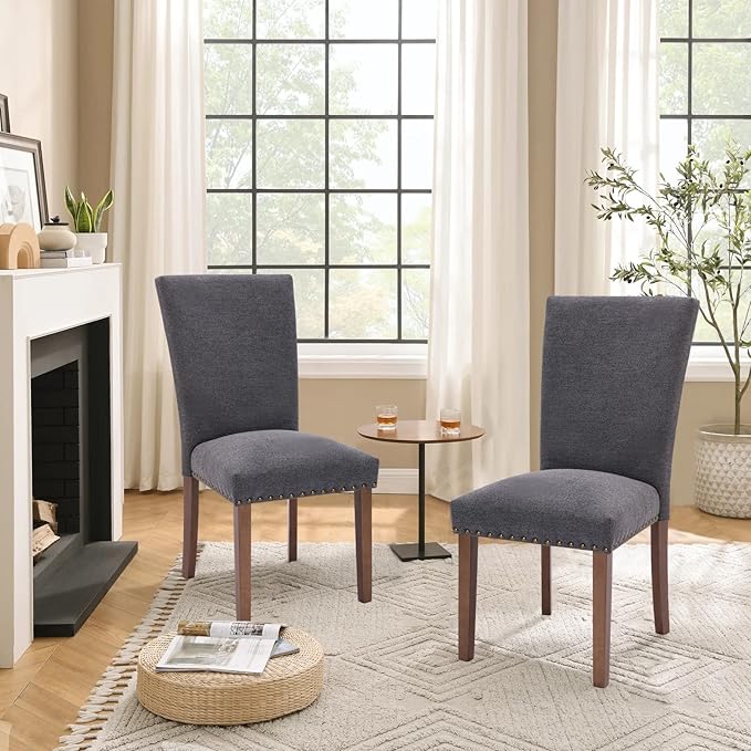 Parsons Dining Chairs Set of 2, Upholstered Nailhead Dining Room Kitchen Side Chair with Thick Cushions and Wood Legs, Dark Grey