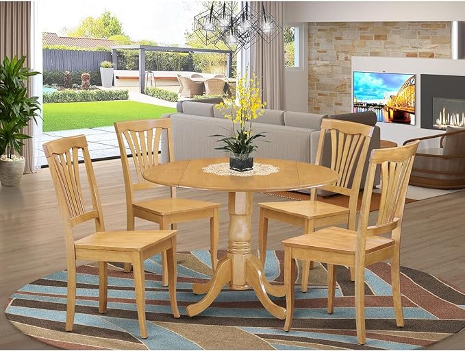 East West Furniture DLAV5-OAK-W 5 Piece Dining Room Furniture Set Includes a Round Kitchen Table with Dropleaf and 4 Dining Chairs, 42x42 Inch, Oak