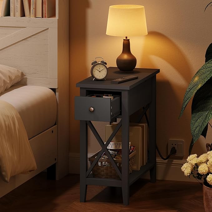 ChooChoo End Table with Charging Station, Narrow Side Table with USB Ports and Outlets, Nightstand with Drawer, for Small Spaces, Bedside Tables for Living Room Black