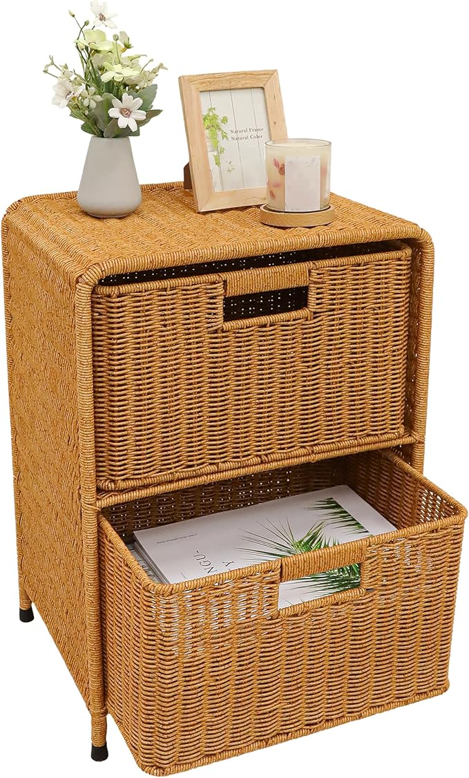 myHomeBody Wicker Nightstand with Drawers, Bed Side Table Bedroom, End Table with Storage, Small Storage Cabinet, Drawers for Bedroom, Latte