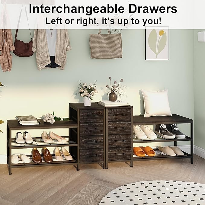 EXOTICA 3 Tier Entryway Bench Shoe Storage Bench with 4 Fabric Drawers Metal Frame and Wooden Board Shoe Rack Bench with Seat for Entryway Hallway Front Door Doorway