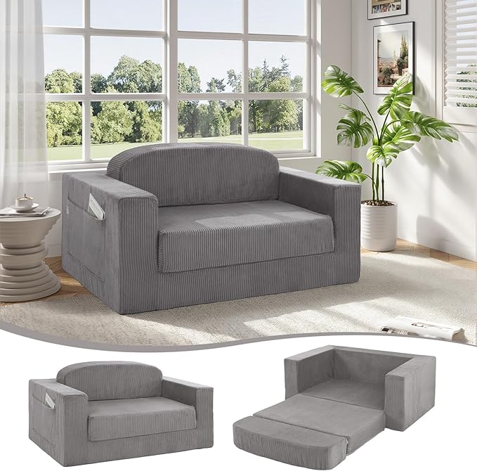 MeMoreCool Convertible Sofa Bed, Pull Out Loveseat Sleeper Sofa, Small Boneless Cloud Couch Bed for Adults, Fold Out Foam Love Seat Grey, Corduroy Folding Floor Couch for Bedroom