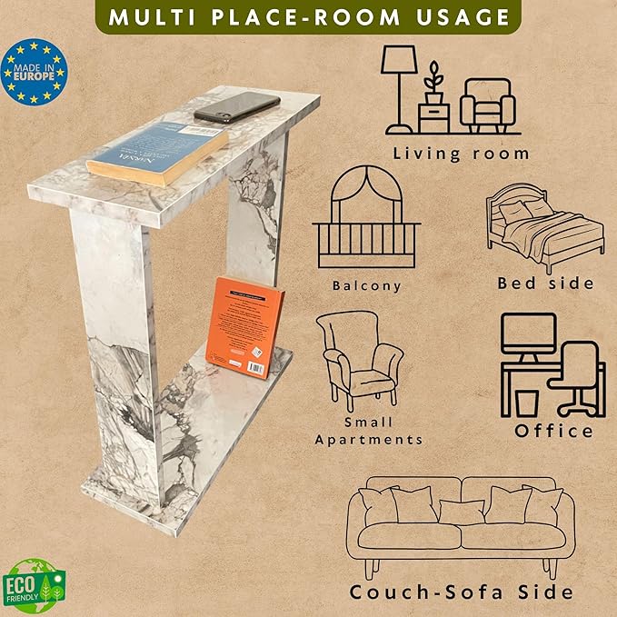 Very Narrow Side Table for Living Room, Small Apartment Space Between Chairs Skinny Table for Recliner, Couch, Armchair, Thin Slim End Table for Living Room, Bedroom, Beverages (White Marble)