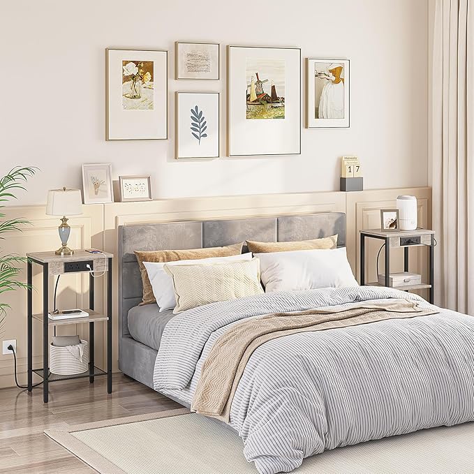 HOOBRO Tall End Table with Charging Station, 30 Inch Tall Nightstand, 3-Tier Side Table with Storage Shelves, for Living Room, Bedroom, Hallway, Greige BG09UDH01G1