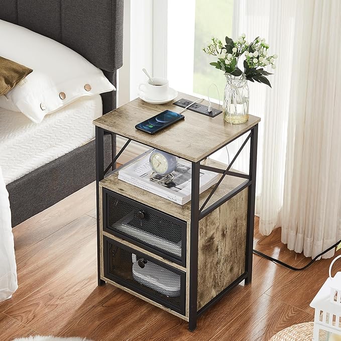 VECELO Dust Grey End Table with USB Ports and Outlets,24 Inch Nightstands with Charging Station and Storage Shelf for Bedroom,Living Room, 1 Set