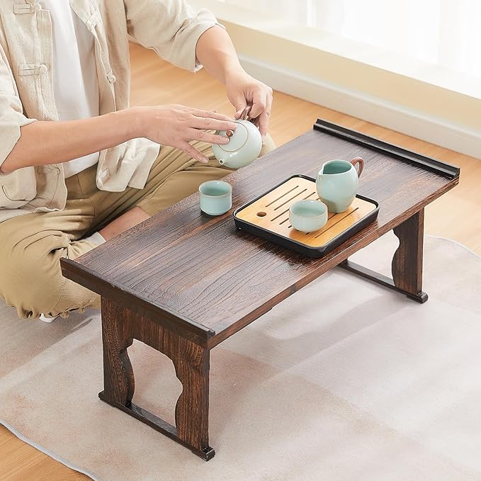 Japanese Floor Table, Small Coffee & Tea Table, Altar for Meditation, Low Table for Sitting on Floor, Wood Bed Tray With Foldable Legs, Laptop Desk