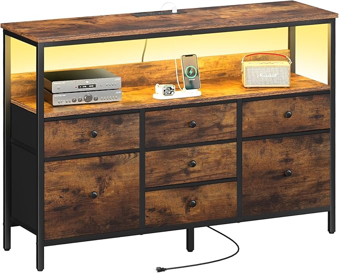 Yoobure LED TV Stand for Bedroom, 50 Inch Kids Dresser With Power Outlets, 7 Drawers Entertainment Center With Storage Shelf, Living Room Console