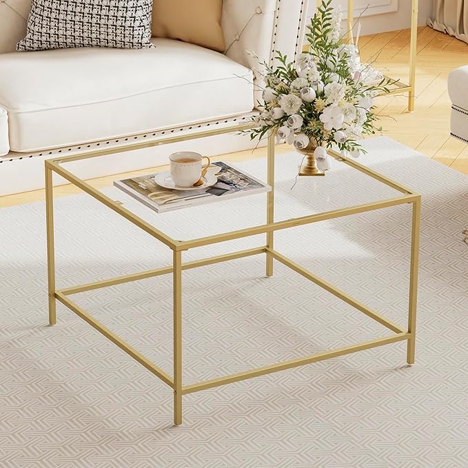 Glass Coffee Table, Modern Square Coffee Table for Living Room, Minimalist Center Tea Table with Sturdy Metal Frame for Apartment, Office, Easy Assembly, 27.6 x 27.6 x 17.7 Inches, Golden