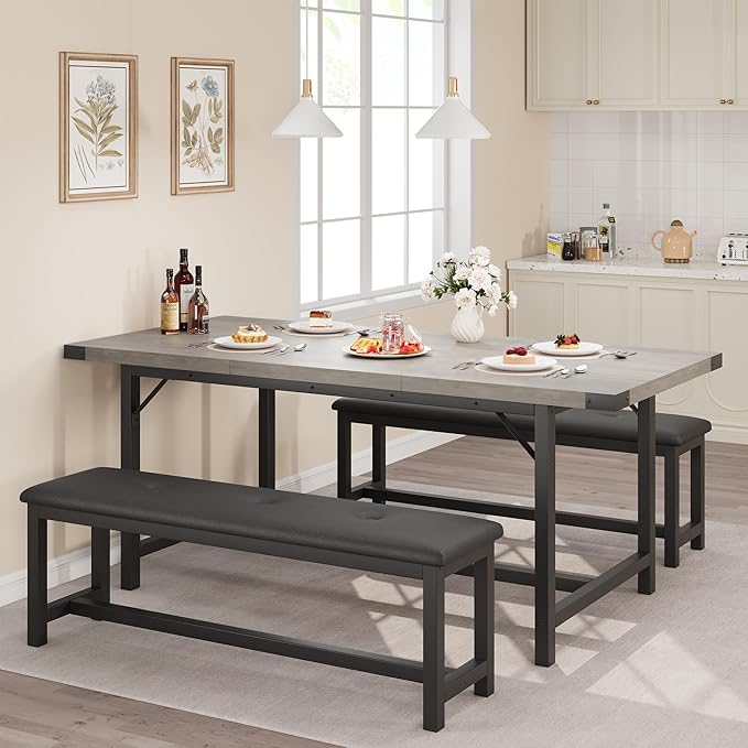 Dining Table Set for 4-6, 63“ Large Extendable Kitchen Table Set, Wood Rectangle Kitchen Table with 2 Soft Benches for Small Space, Apartment, DinnerSaving Space, Grey