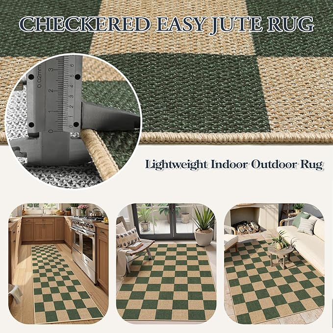 Lahome Checkered Outdoor Runner Rug, 2x8 Green Kitchen Runner Rugs for Non Skid Washable Entryway Carpet, Checkerboard Non Slip Non Shedding Carpet for Bedroom