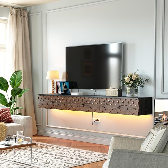 Fully-Assembled Floating TV Stand, Vintage Carved Floating Entertainment Center with Flip-Down Doors & Drawer, Walnut Wood Media Console Shelf Cabinet Under TV Storage for Living Room, 70IN