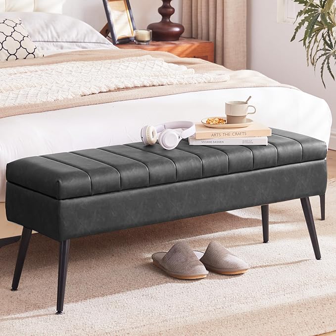 CUYOCA Storage Ottoman Bench, 43.5" Faux Leather Upholstered Entryway Bench, Long Ottoman with Storage for Living Room, Support 660lbs - Black