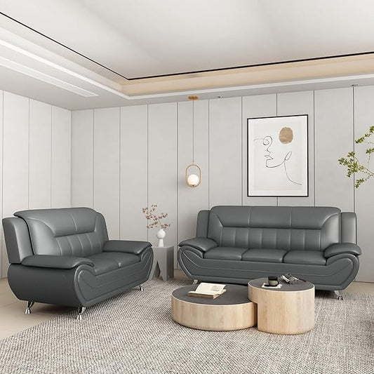 Container Furniture Direct Michael Modern Faux Leather Upholstered Stainless Steel Legs Living Room Sofa, Loveseat, Sleek Gray