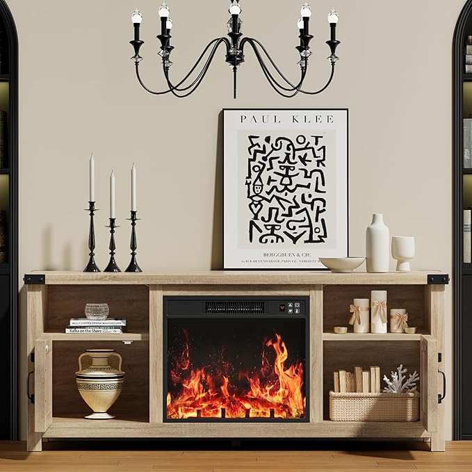 YESHOMY Fireplace TV Stand with Barn Doors and Open Display Shelf, Farmhouse Media Console with Hidden Cable Routing, Entertainment Center for Televisions up to 65+ Inch, Natural Oak