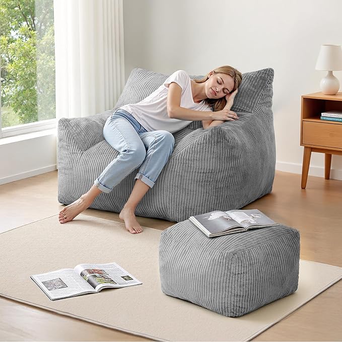 INMOZATA Bean Bag Chair for Adults, 3FT Beanbag Chair with Ottoman Pre-Filled Fluffy Lazy Chair Corded Fabric Accent Chair for Bedroom Living Room Dorm (Gray)