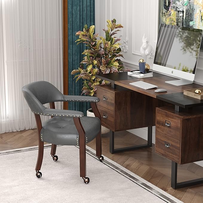 LEEMTORIG Large Dining Chairs with Casters and Arms, Rolling Dining Chairs with Wheels, Accent Wood Boss Caption's Chairs, 26" D x 25.2" W x 31.5" H, Cherry Legs & Dark Grey Fabric SY-1533-GY